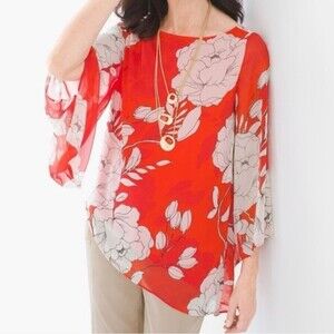 Chico's Red Floral Flare Sleeve Asymmetrical Shirt Tunic Women's Size XL